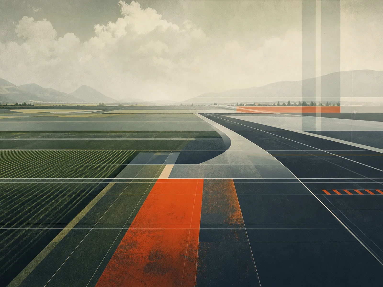 Abstract agricultural and runway tones suggesting Abbotsford’s Fraser Valley and airport setting